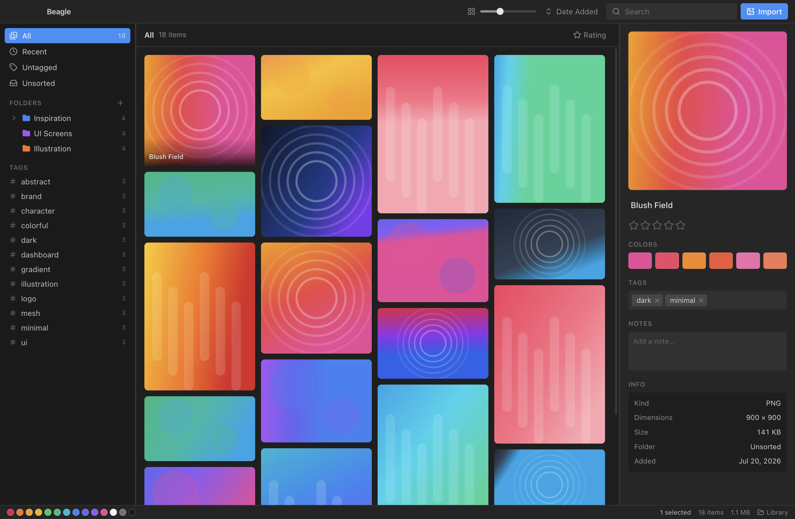 Beagle — three-pane library with masonry grid and inspector